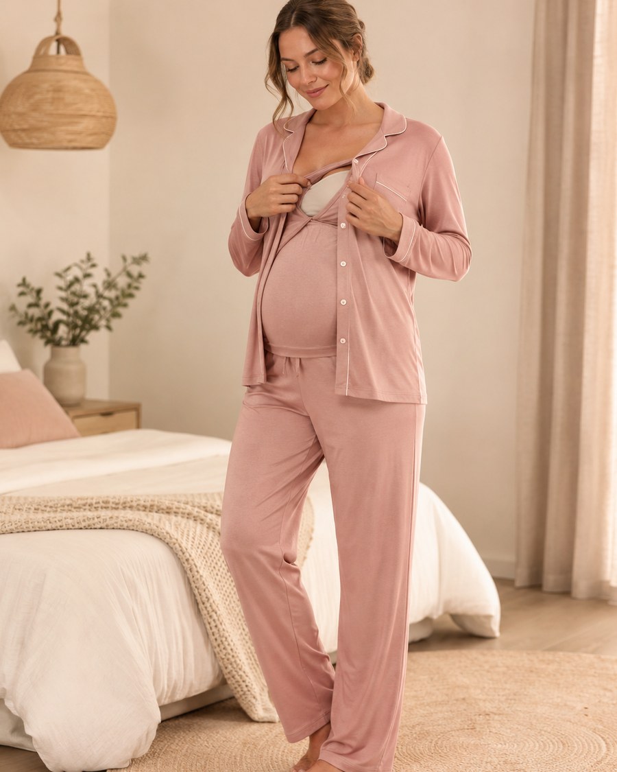 Maternity and nursing pajama sets with functional nursing access
